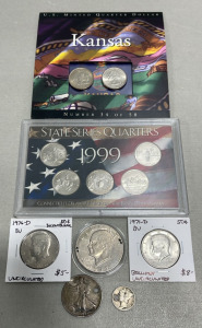 (1) Set Of 5 1999 State Series Quarters, (1) Set Of 2 2005 Kansas Quarters, (2) 1971 And 1976 Half Dollars, (3) Others Made For Jewelry
