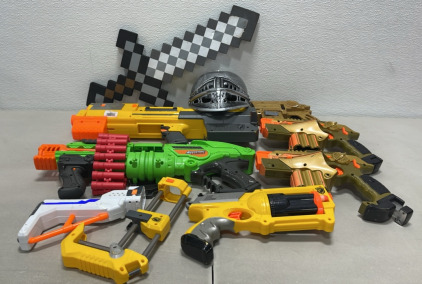 Big Lot Of Plastic Guns, One Soft Foam Sword, One Shrek Helmet (Plastic)