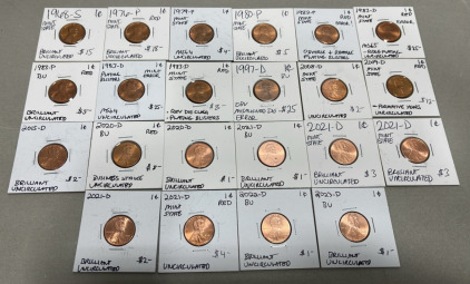 (22) Mostly Brilliant Uncirculated 1968-2023 Pennies (Carded)