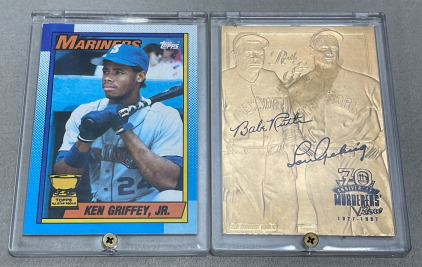(1) Topps 1990 MLB Ken Griffey Jr. Collectible Card, (1) MLB 23 Karat Gold Babe Ruth And Lou Gehrig 70th Anniversary Murderers Row Collectors Card 1927-1997