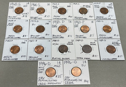 (17) Mostly Brilliant Uncirculated 1968-1996 Pennies (Carded)