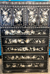Beautiful Oriental Themed Black Lacquered Hand-Designed 5-Drawer Dresser and Cabinet