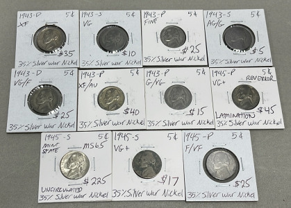 (11) 1943-1945 35% Silver War Nickels (Carded)