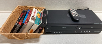 Magnavox Dual VCR/DVD Player, (7) Assorted DVD TV Show Seasons, (1) Basket