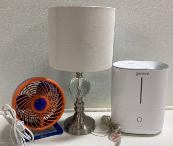 Metallic Silver and Glass Table Lamp, Geniani Humidifier, Blue and Orange Fan