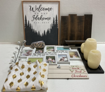 Wood Idahome Sign, Set of 3 Flameless Candles, Shower Curtain, 8-Picture Wall Frame, Over-The-Door Hook, Sparkly Steering Wheel Cover and more