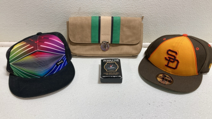 Miche Tan and Green Clutch Purse, (2) Flat Bill Caps, Pendleton Watch