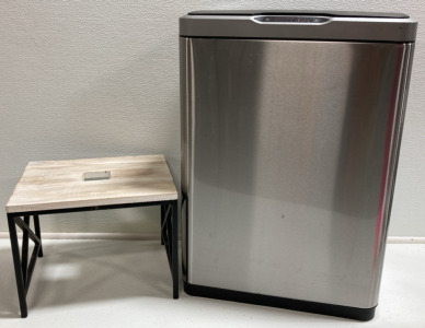 Auto-Open Kitchen Trash Can, Wood and Metal Step Stool