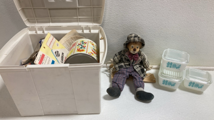 File Box of Assorted Sewing Notions, Hanging Clown Doll, (3) Small Pyrex Dishes w/ Lids