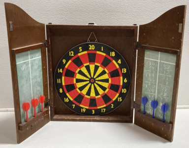 Vintage Wood Dart Board w/ (6) Darts