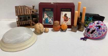 (16) &ldquo;The American Indians&rdquo; Books, (3) Candles and Holders, (1) Child&rsquo;s Bike Helmet, (1) Vintage Coca-Cola Lunch Bag, (1) Ceiling Light, (1) &ldquo;North Bay Shack&rdquo; Birdhouse and more