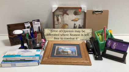 (2) Wall Art, (1) Shadowbox Frame, Assorted Desk Supplies: Including Pens, Envelopes, Clipboard, Staplers, Organizer and more