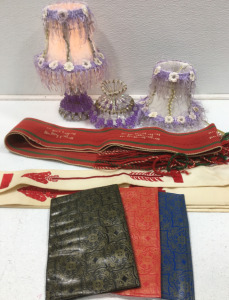 (2) Native American Sets Of Tapestry (3) Plastic Sleeves (2) Beaded Lampshades With Beaded Base (1) Lamp (Turns on)