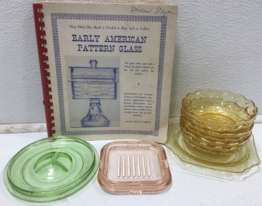 (1) Early American Pattern Glass Book (6) Piece Depression Glass Including (3) Bowls (1) Saucer (2) Lids
