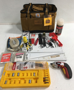 (1) Carhartt Hubble Homes Utility Tote (1) Skil iXo2 1/4&rdquo; Drill (No Charger) & Other Assorted Tools