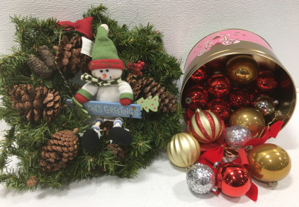 (1) Christmas Wreath With Snowman (1) Tin With Assorted Christmas Ornaments