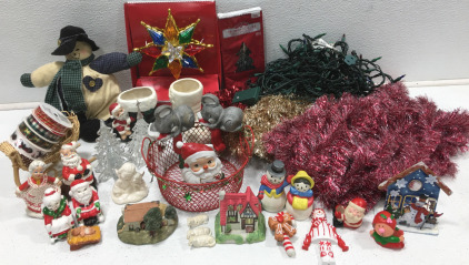 Assorted Christmas Decor Including (1) Light-up Tree Topper (4) Rolls of New Ribbon (1) Mr. & Mrs. Clause Salt & Pepper Shakers (3) Tinsel (1) Strand of Lights (Turns on) & More!!