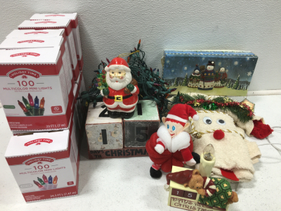 (17) Holiday Time 100-Multicolor Mini Lights (2) Strands Of Mini Lights (1) Reindeer Towel Decor (1) Wood Block &ldquo;Days &lsquo;Till Christmas&rdquo; & More!