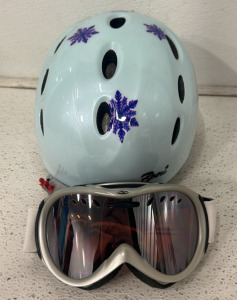 (1) Blue And Purple Boeri Sports Helmet Size M/L (1) Pair Of White And Black Goggles