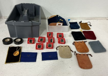 (12+) Belt Buckle Bags, (8) 28ct Boxes Of Steel Furniture Nails, (1) Plastic Tool Container With Drawer