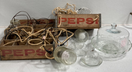 (3) Pepsi Crate Jar Lights (2) Assorted Glass Platters And More