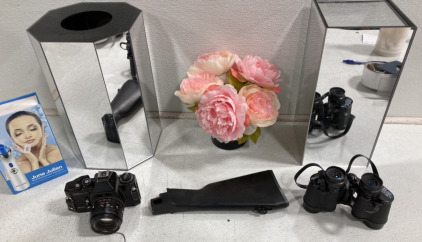 (1) June Julien Black Head Remover (1) KS Auto Camera (1) Taski binoculars (1) Gun Barrel And More!