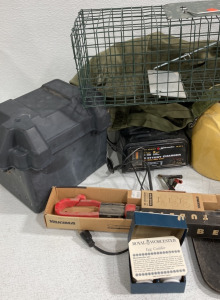 (1) Animal Trap (1) Battery Charger (2) (2) Royal Worcester Egg Coddler Batterie Boxes (1) Duffel Bag And More!