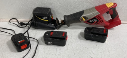 (1) 18v Skill Saw (3) Assorted 18 v Batteries (1) Black and Decker 14.4 Volt Batterie
