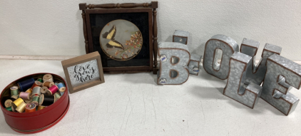 (6) Assorted Decor Letters (2) Assorted Shelf Decorations (1) Box Assorted Sewing Thread