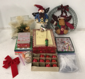 (1) Box Of Glass Ball Ornaments, (3) Different Sized Christmas Gift Boxes, (1) Decorative Christmas Glass Box, (4) Small Snoopy Christmas Ornaments And More