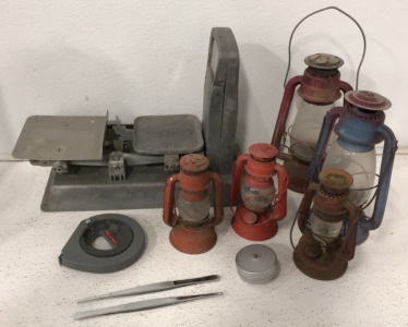 (3) Small Vintage Lanterns, (2) Vintage Big Lanterns, (1) 100&rsquo; Steel Tape, (2) Large Tweasers And More