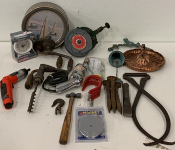 (2) Vintage Hand Drills. (1) Vintage Bell. (3) Railroad Spikes. (1) Vintage Hi-Power Drill & More!!