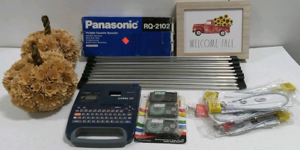 (2) Wooden Decor Pumpkin, Panasonic RQ-2102 Cassette Recorder, (8) Gun Locks, Truck Wall Art, Label IT! EZ Label Printer w/ (3) Tape Cartridge, Kitchen Sink Accessory