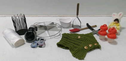 Roll of Plastic Bags, Candle Holder, Label Maker w/ (5) Label Rolls, (9) Assorted Kitchen Tools, Rabbit-Girl Doll, Green Neck Covering/Scarf.