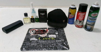 Warby Parker Glasses Case, Dolce & Gabbana Pour Homme Cologne, (2) Polo Cologne, Drakkar Noir Cologne, Carhart Baseball Cap, Windshield De-Icer, Upholstery & Carpet Cleaner, Turtle Wax Power Out! Fresh Shine Protectant, Schitts Creek Desk Pad, VAPOR LOFT 