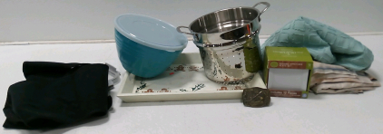 Back Brace, (2) Tupperware Lids, XL Tupperware Container, Cuisinart Collider, Alberta Antique Belt Buckle, Square Appetizer Plate Set 12p, (3) Table Clothes, 1'7" Wood Platter