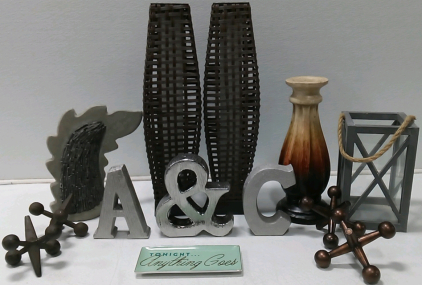 (3) Mantle Letters, (4) Oversized Jacks, (2) Wicker Lights, Wood and Glass Decoration, Candle Holder, Decorative Dish, Stone Flame Decoration