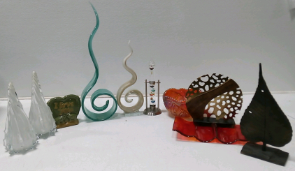 (2) Glass Spiral Cone, 'I Love You' Glass Decoration, Blue and Cream Spiral Decoration, Antique Thermometer, Decorative Glass Bowl, Metal Leaf, Wood and Metal Decoration, Red Glass Decoration