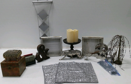 Metal Wall Decoration, Metal & Decoration, (2) Wooden Frames, (4) Coasters and Coaster Holder, (2) Place Mats, (3) Battery Powered Candles, Candle Stick Holder, Ceramic $, Metal Balloon Animal, Metal Dog Decoration, Wicker and Wire Bird, Small Metal Chest