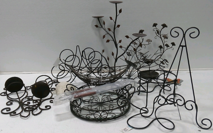 (11) Assorted Metal Decorations, (3) Assorted Metal Wall Fixtures, Metal and Glass Decoration, Grill Tongs, Metal Butterfly Lawn Decoration