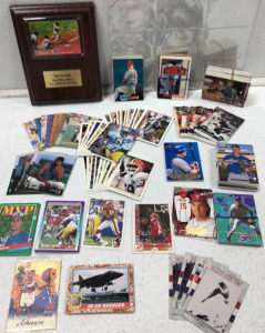 (1) Wood Framed Tim Salmon California Angels Plaque & Assorted Sports Cards Inclding NHL, NFL, NBA, Star Trek, MLB & Desert Storm