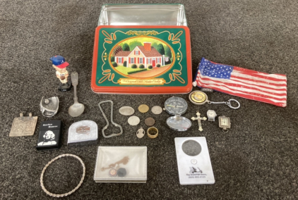 Tin Of Keepsakes And Personal Items