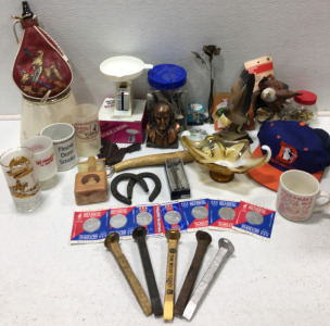 (5) Drinking Glasses, Water Skin, Ceramic Birds, And Decor