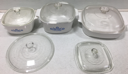 (3) Glass Cooking Pots, (2) Glass lids
