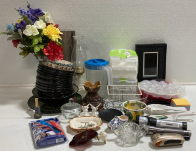 (2) Snapware Egg-Tainers, Plastic Pitcher, (12) Matching Bowls, Glass Oil Lamp, (4) Flashlights, Vase w/ Artificial Flowers and more