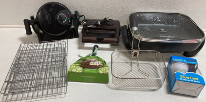 Belgian Waffle Maker, SnakMaster, Farberware Electric Deep Cooker, Brownie Skillet Mix, Fry Basket, Snow Cone Cups, Cooling Racks