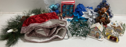 Christmas Decor: Blue and Silver Pointsettia Clips, Blue Ornaments, 3pc Village Set, Artificial Bow, Tree Skirt, Snowflake String Lights and more