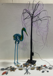 Purple Light Tree, Blue and Green Tall Metal Bird, Metal and Wood Wall Art