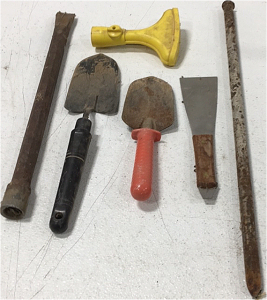 (1) Breaker Bar (1) Handheld Sprayer (2) Handheld Shovels (1) Scraper (1) Concrete Stake