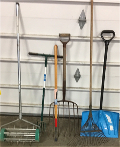 (1) Air Aider Tool (1) Leaf Rake (1) Pitchfork (2) Weeding Tools